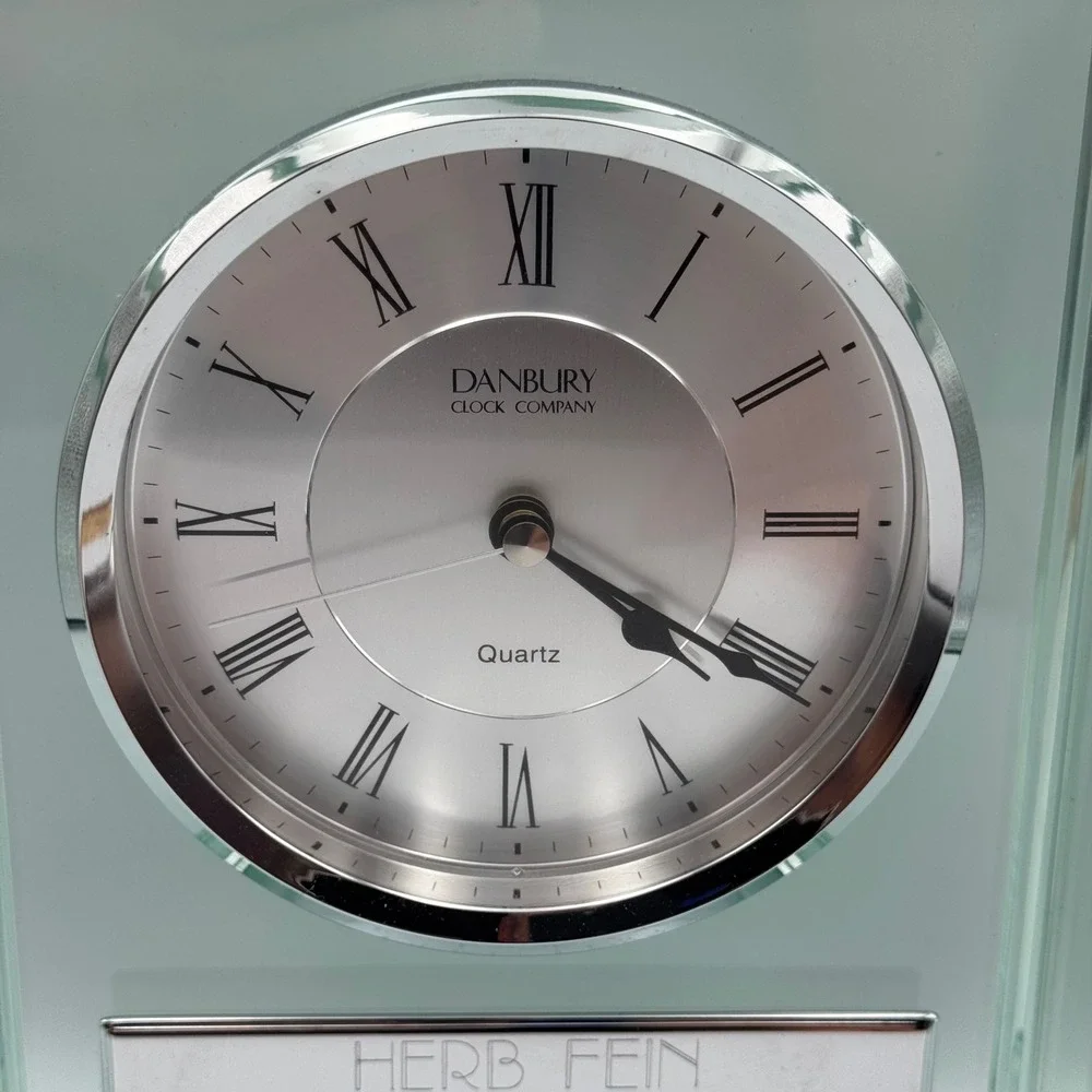 Danbury Clock Company Glass Mantel Clock‎ Quartz Desk Clock Engraved Herb Fein